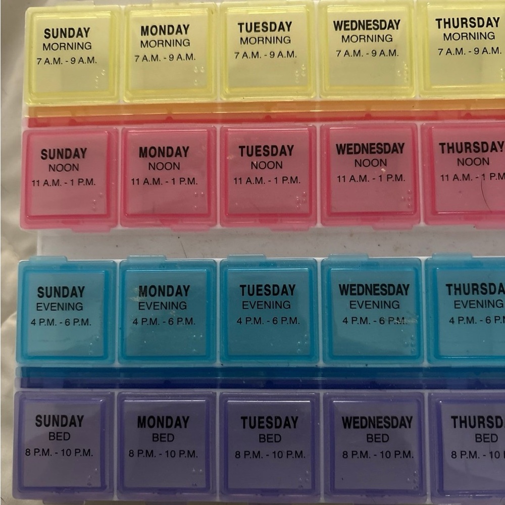 Pill box organizer, seven days, four doses daily.